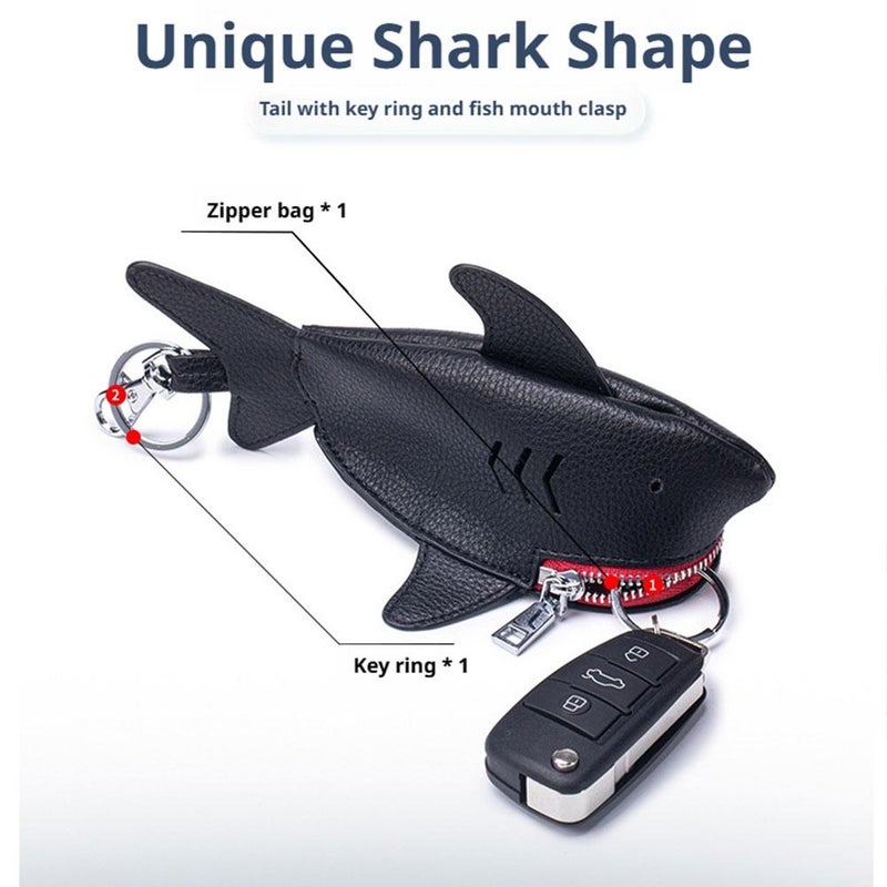 Shark Shaped Key Case - Genuine Leather Car Key Protective Bag with Zipper and Hook, Capacity Keychain for Adult (Red) - Image 2